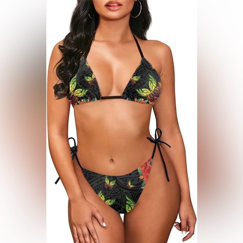 Black Floral Tie-Side Triangle Bikini Top and Bottom - Black